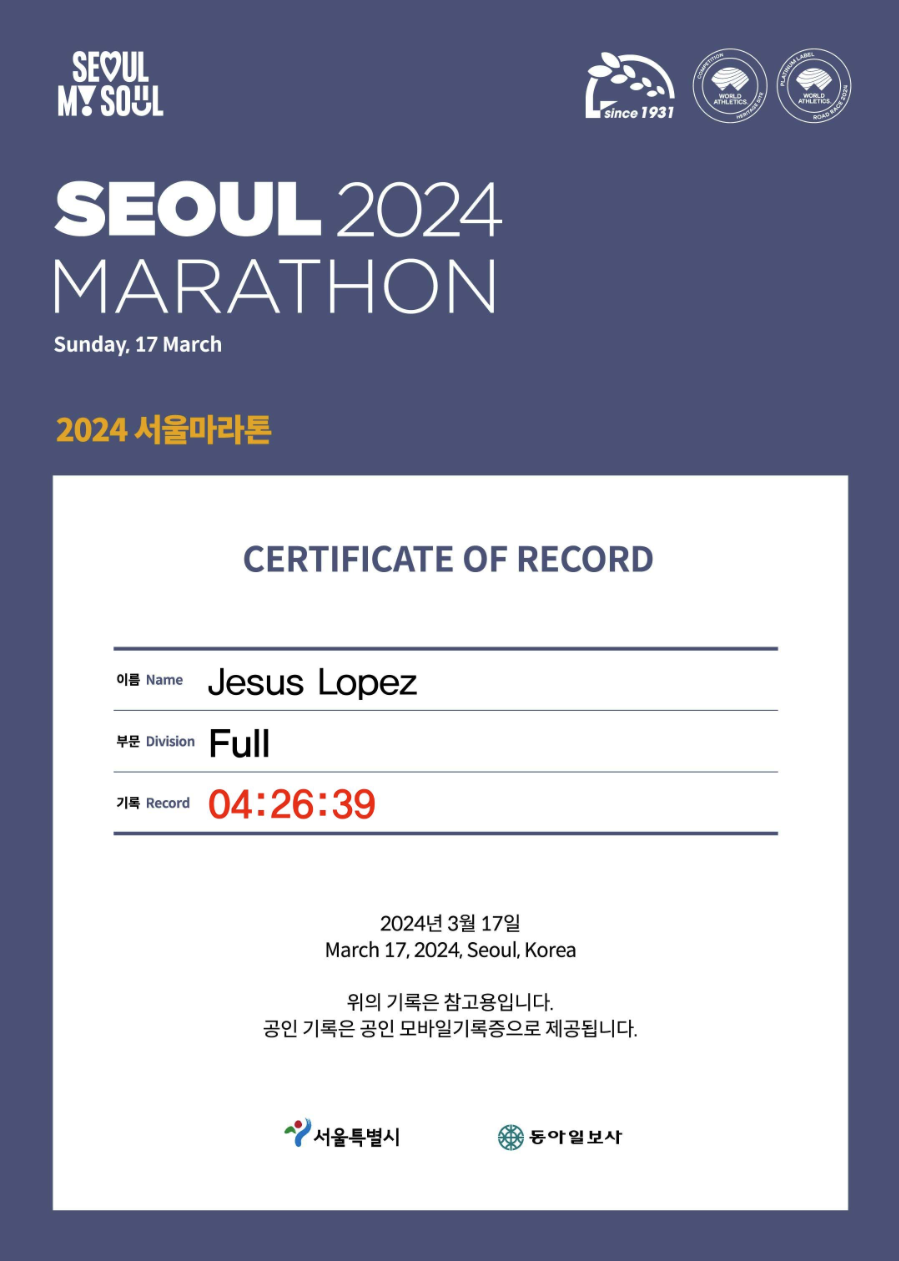 Certificado Seoul Marathon 2024