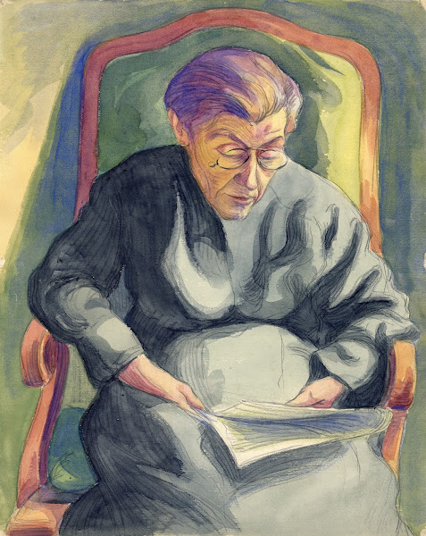 Oudere dame lezend in haar stoel 1917