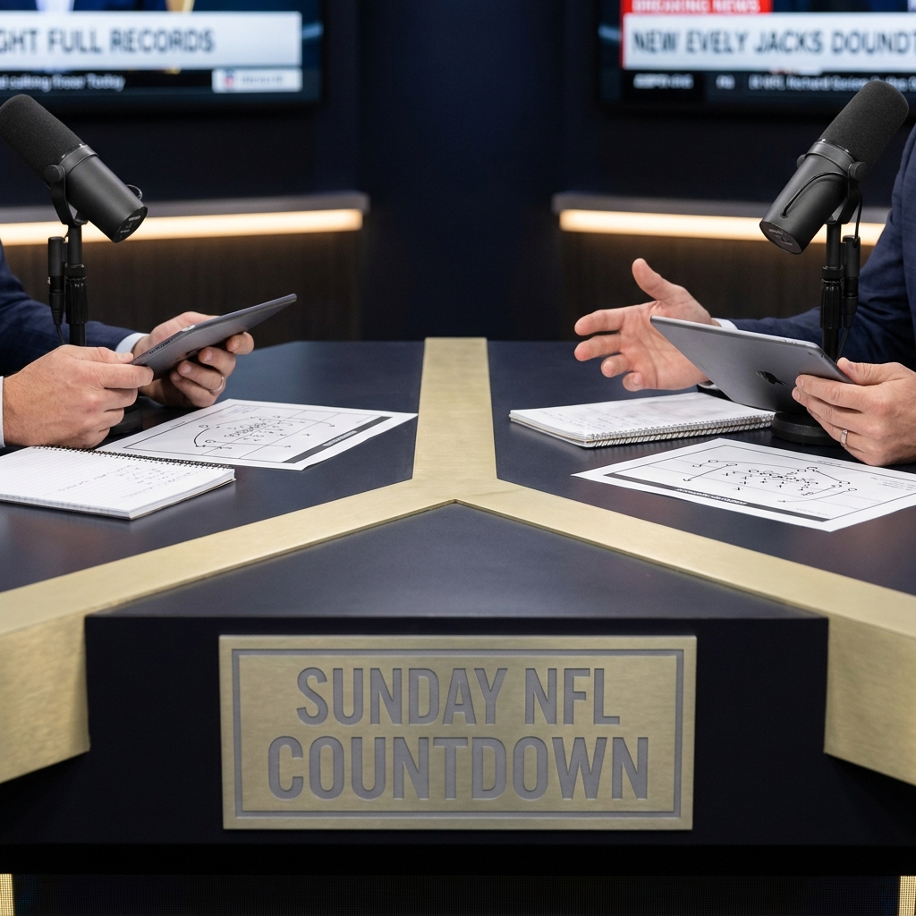 Close up of a broadcast host desk for nfl morning line with two analysts talking over notes microphones tablets and pale gold accents on a dark navy studio background