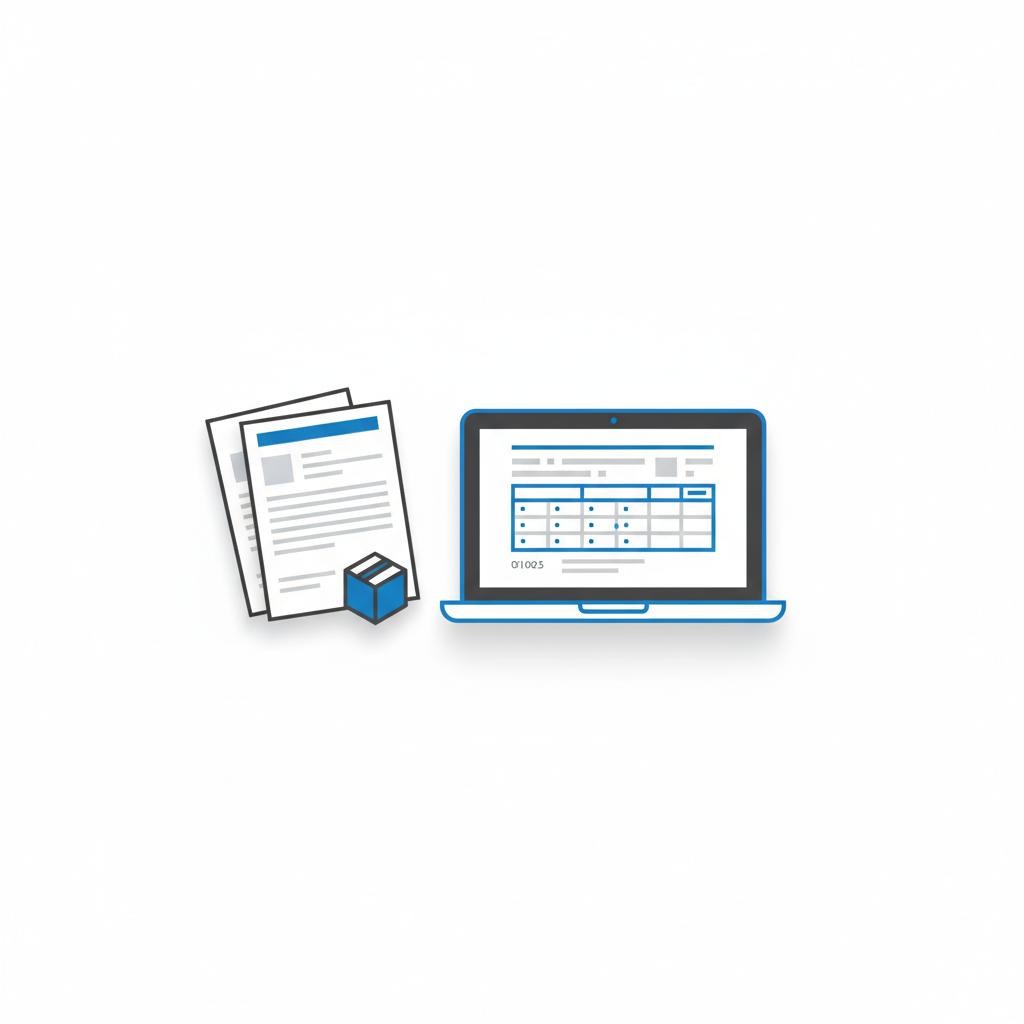 Minimalist 2D vector tabletop scene with two regulatory forms and a laptop showing an abstract shipping manifest no readable text car paperwork context nissan skyline r34 for sale