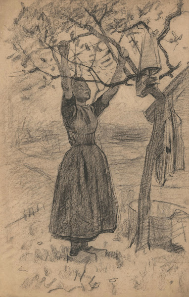 Vrouw hangt de was in een boom naar rechts 1870 1923