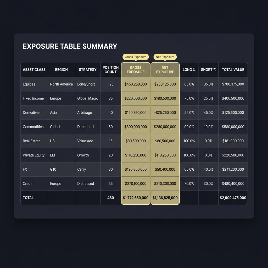 Spreadsheet style exposure table highlighting gross and net exposure columns for Managing Risk Across Multiple Live Positions in a clean Funded Plays UI mockup