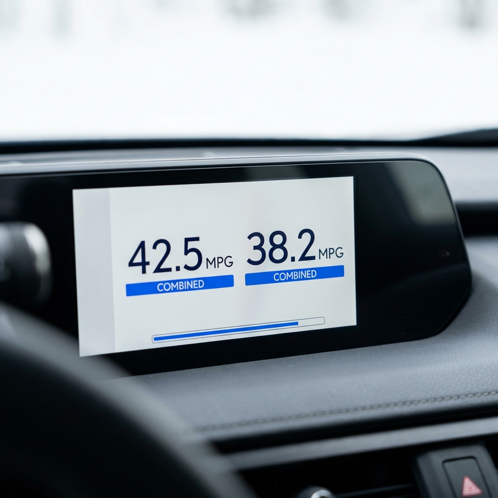 Close up of Lexus UX instrument cluster showing combined MPG fuel economy readout emphasizing mpg differences lexus suv for sale