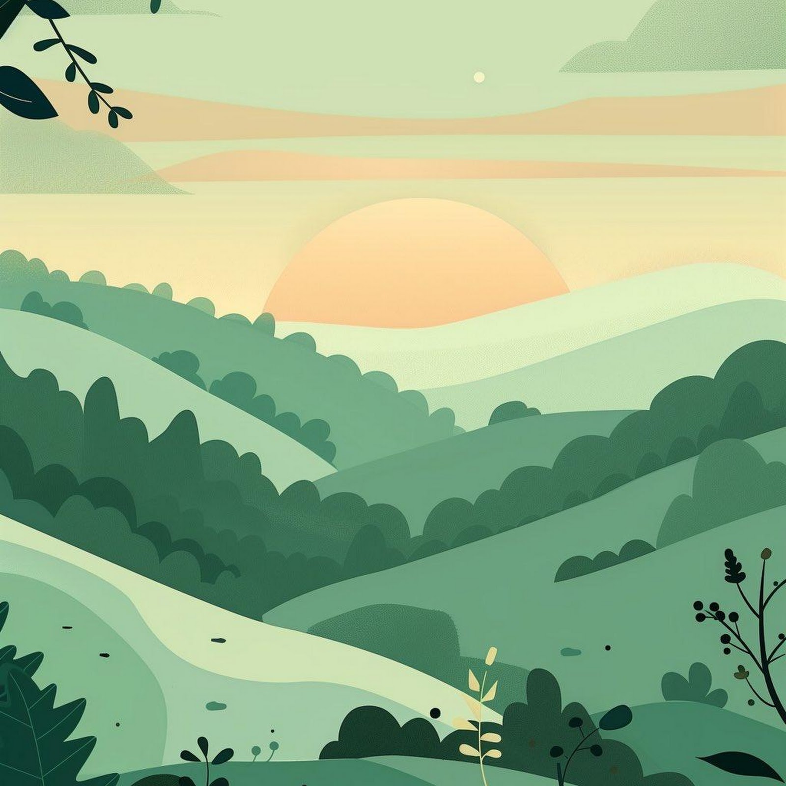 Download Landscape Illustration, Nature Scene, Green Hills, Sunrise Artwork iPhone