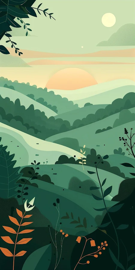 Landscape Illustration, Nature Scene, Green Hills, Sunrise Artwork iPhone Phone Wallpaper