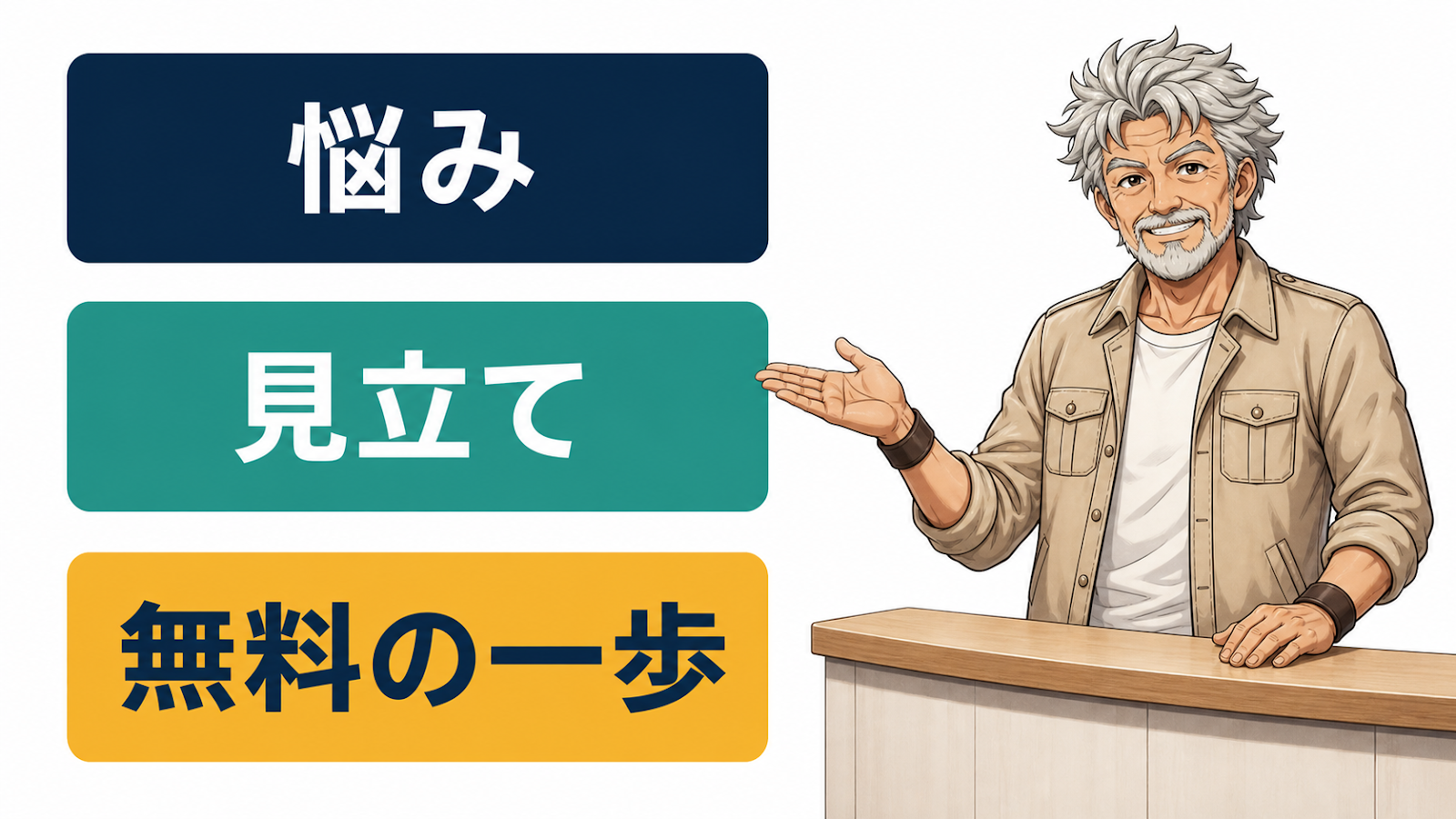 悩み・見立て・無料の一歩という固定投稿の3段構成を示した図
