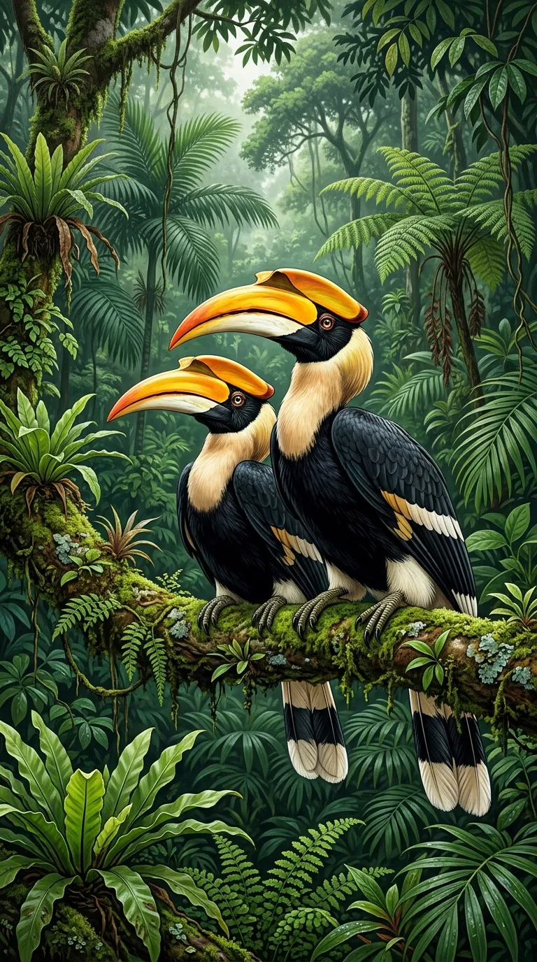 Illustration of Two Great Hornbills Perched on a Mossy Jungle Branch - Free 4K mobile Wallpaper