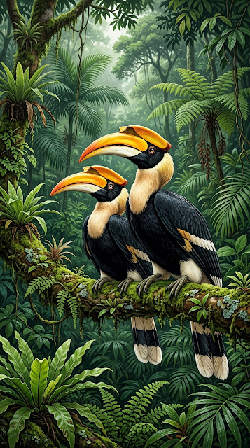 Illustration of Two Great Hornbills Perched on a Mossy Jungle Branch - Free mobile Wallpaper