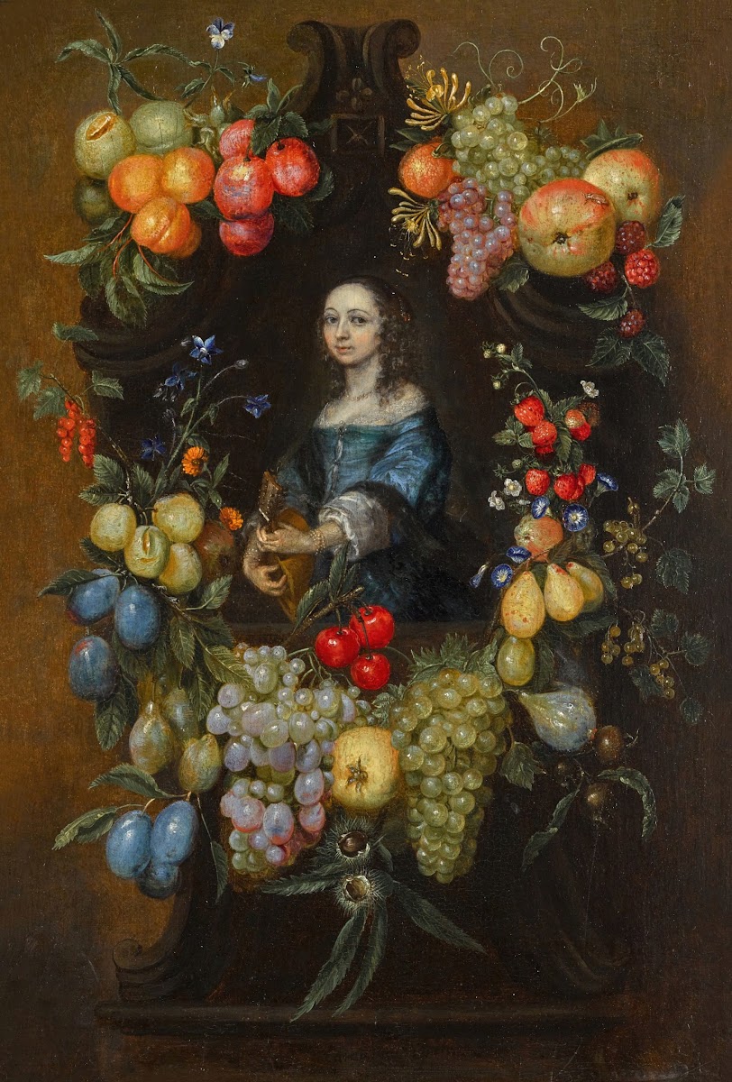 A garland of fruit and flowers surrounding a portrait of a lady ina blue dress h