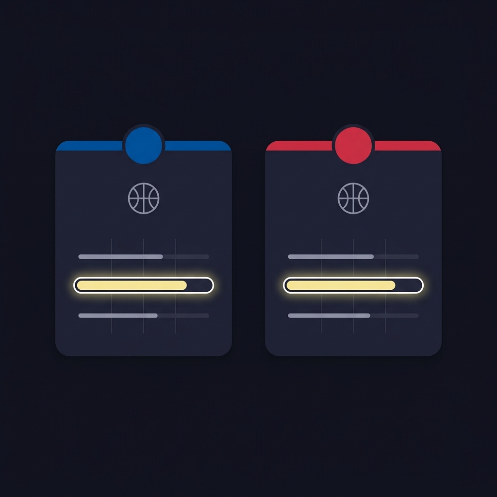Minimalist 2D vector side by side stat cards for 76ers prediction with net rating bar highlighted in accent color no text or logos