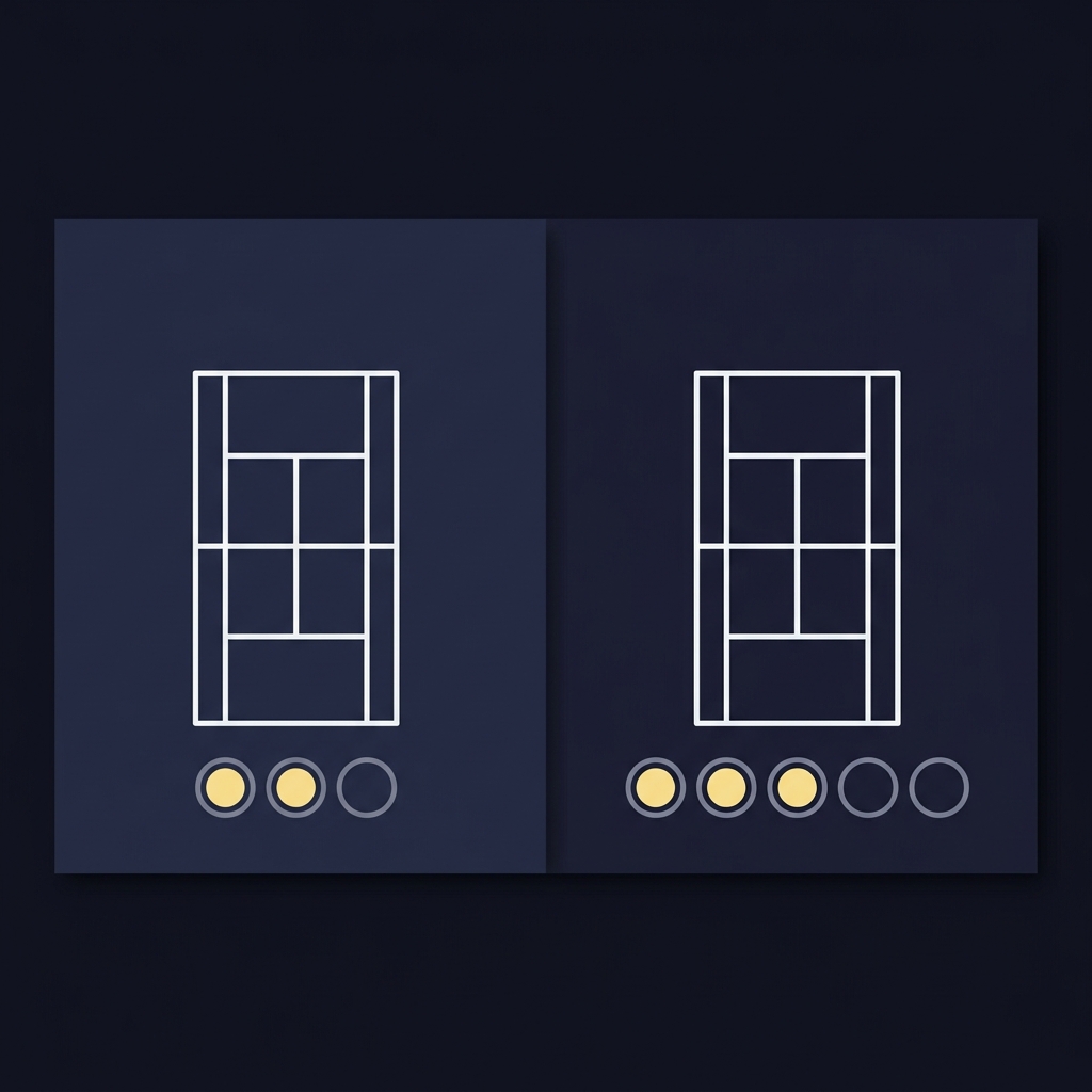 Split screen 2D vector showing best of three versus best of five tennis formats with court icons and filled set markers to visualize format differences How Game Handicaps Work in Tennis