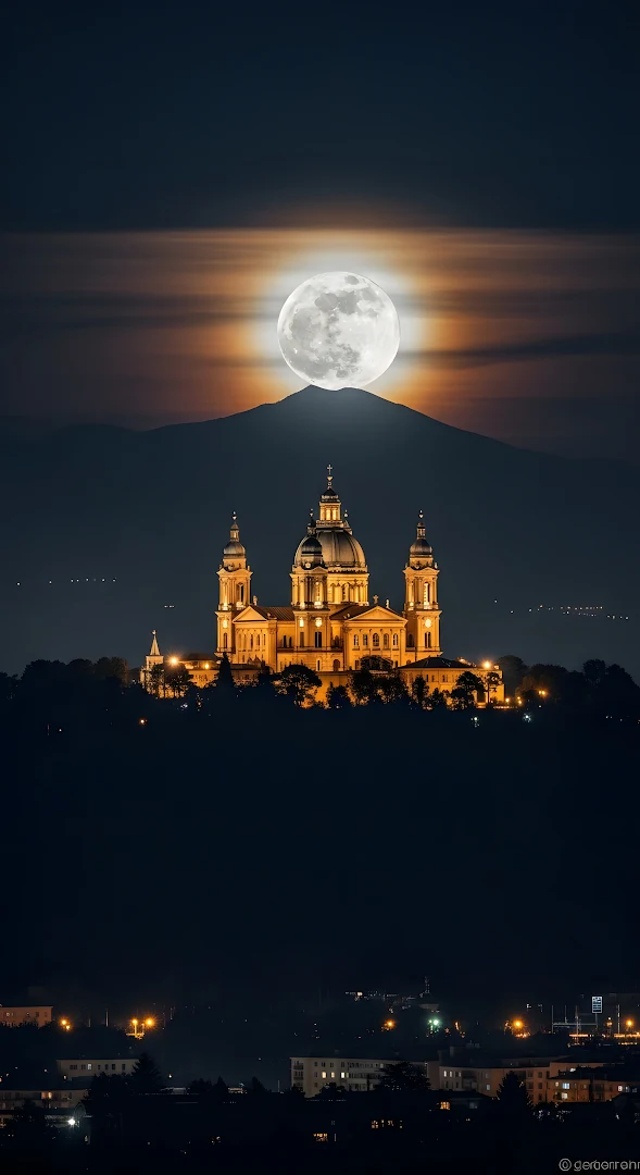 Superga Basilica Under a Giant Full Moon and Mountain Silhouette