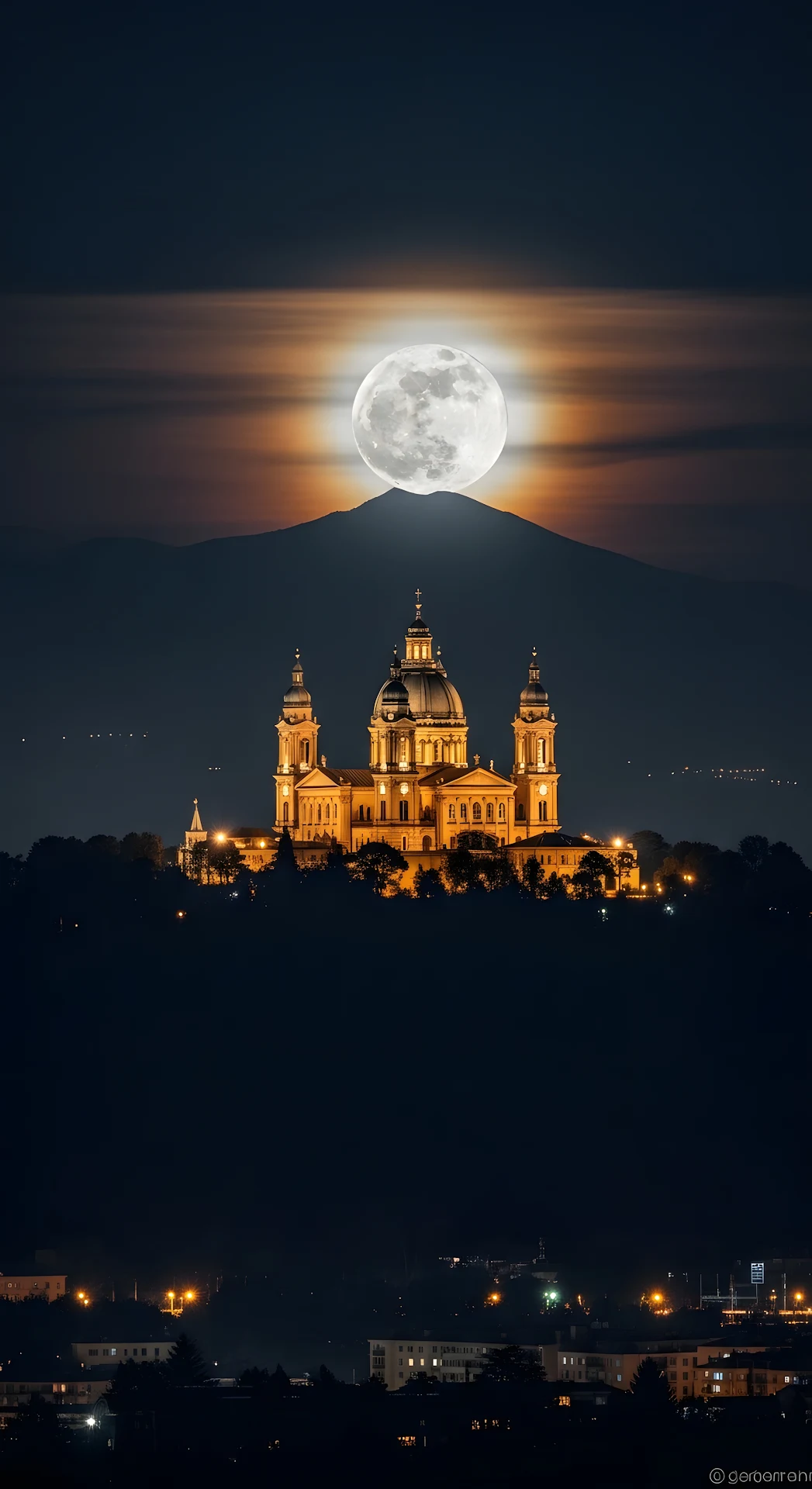 Superga Basilica Under a Giant Full Moon and Mountain Silhouette - Free 4K mobile Wallpaper