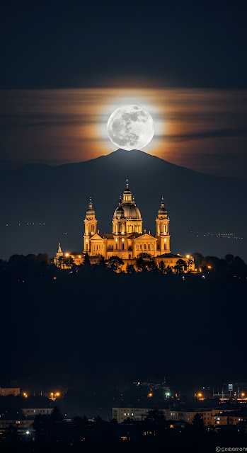 Superga Basilica Under a Giant Full Moon and Mountain Silhouette - Free mobile Wallpaper