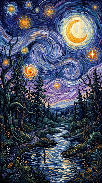 Enchanted Forest Under Moonlit Sky in Van Gogh Style - Free mobile Wallpaper