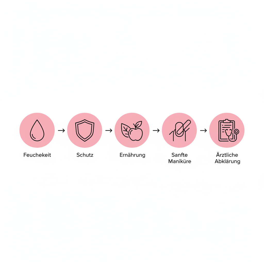 Minimalistische 2D-Vektor-Infografik mit fünf Icons (Feuchtigkeit, Schutz, Ernährung, sanfte Maniküre, ärztliche Abklärung) als Tipps gegen schwache Nägel.