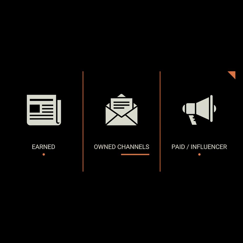 Three-panel minimalist infographic for a public relations expert showing earned media (newspaper), owned channels (newsletter), and paid/influencer (megaphone) in Social Success Hub brand colors.