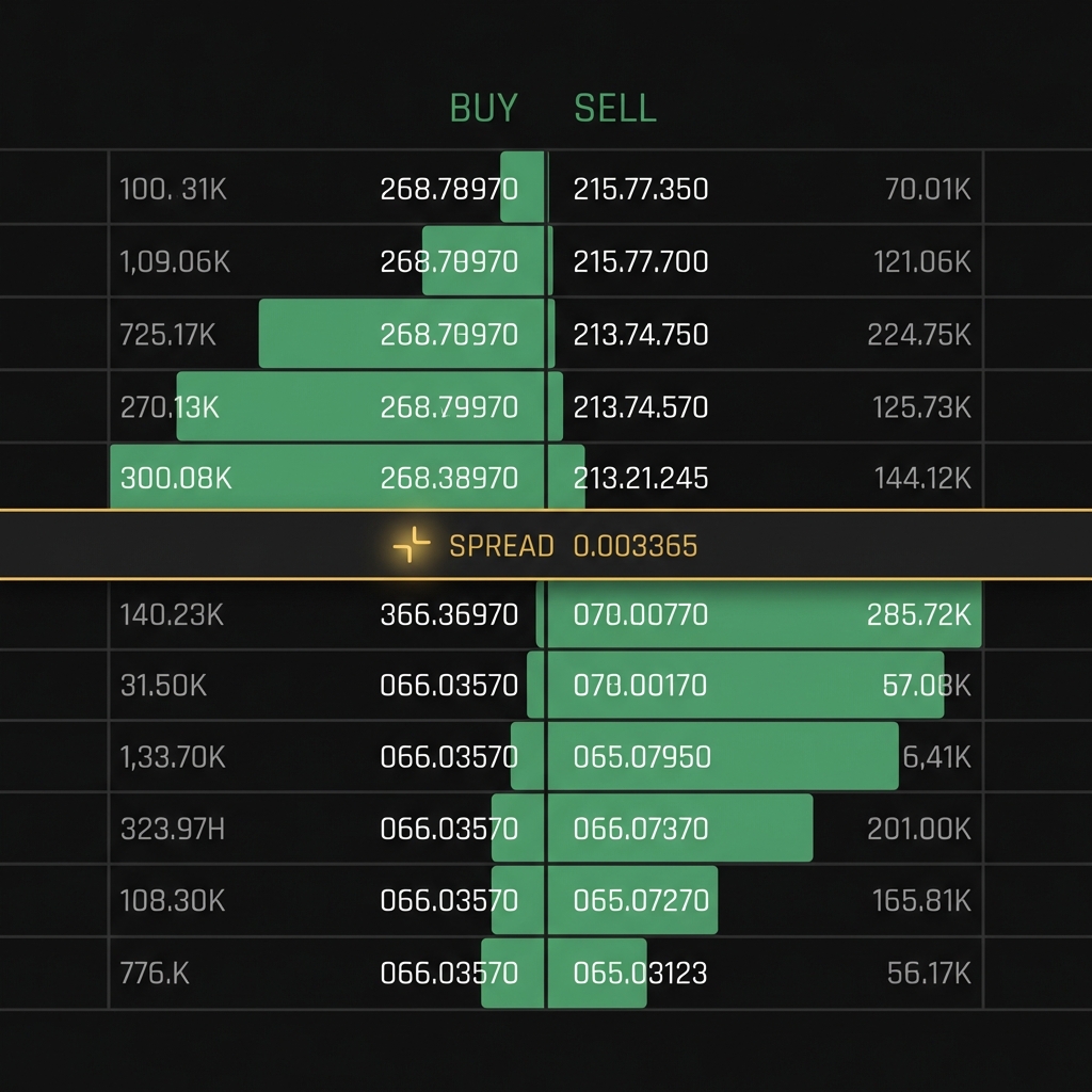 Close up of exchange order book showing buy and sell depth bars and a highlighted spread marker on a dark Finance Police themed UI design best automated crypto trading platform