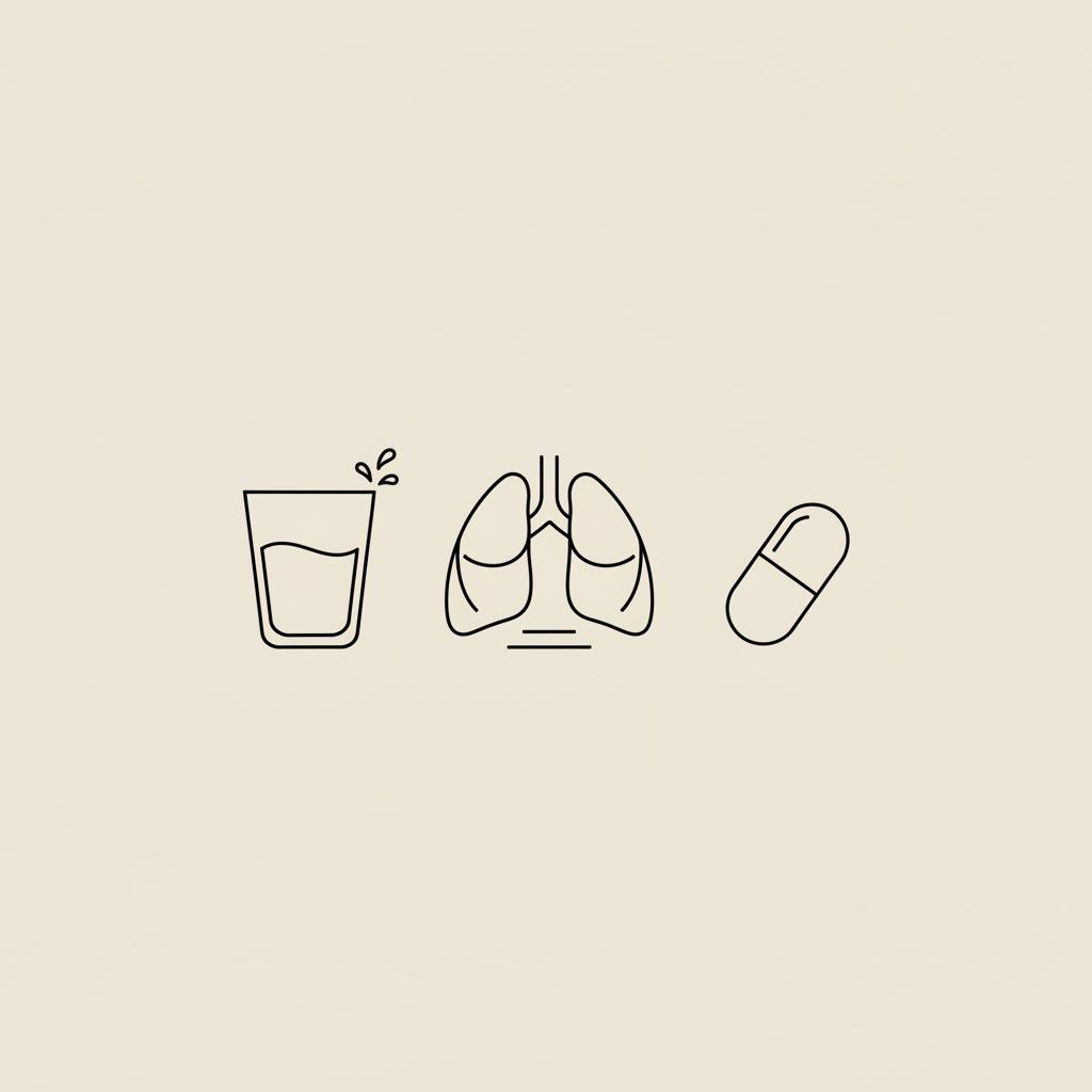 Minimalist Tonum-style line illustration of a water glass, stylized breathing lungs icon, and a small capsule on beige background representing how to get rid of hunger without eating
