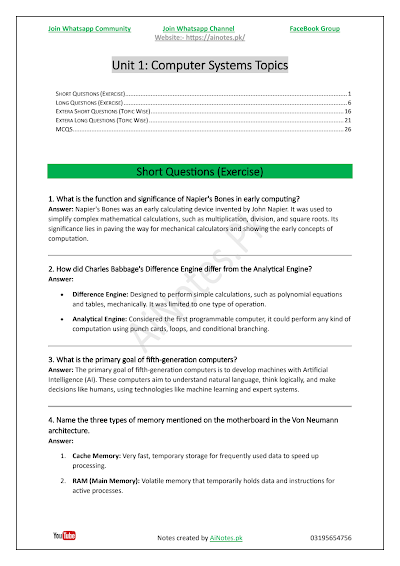 FBISE Class 9 Chapter 1  Computer Systems Topics
