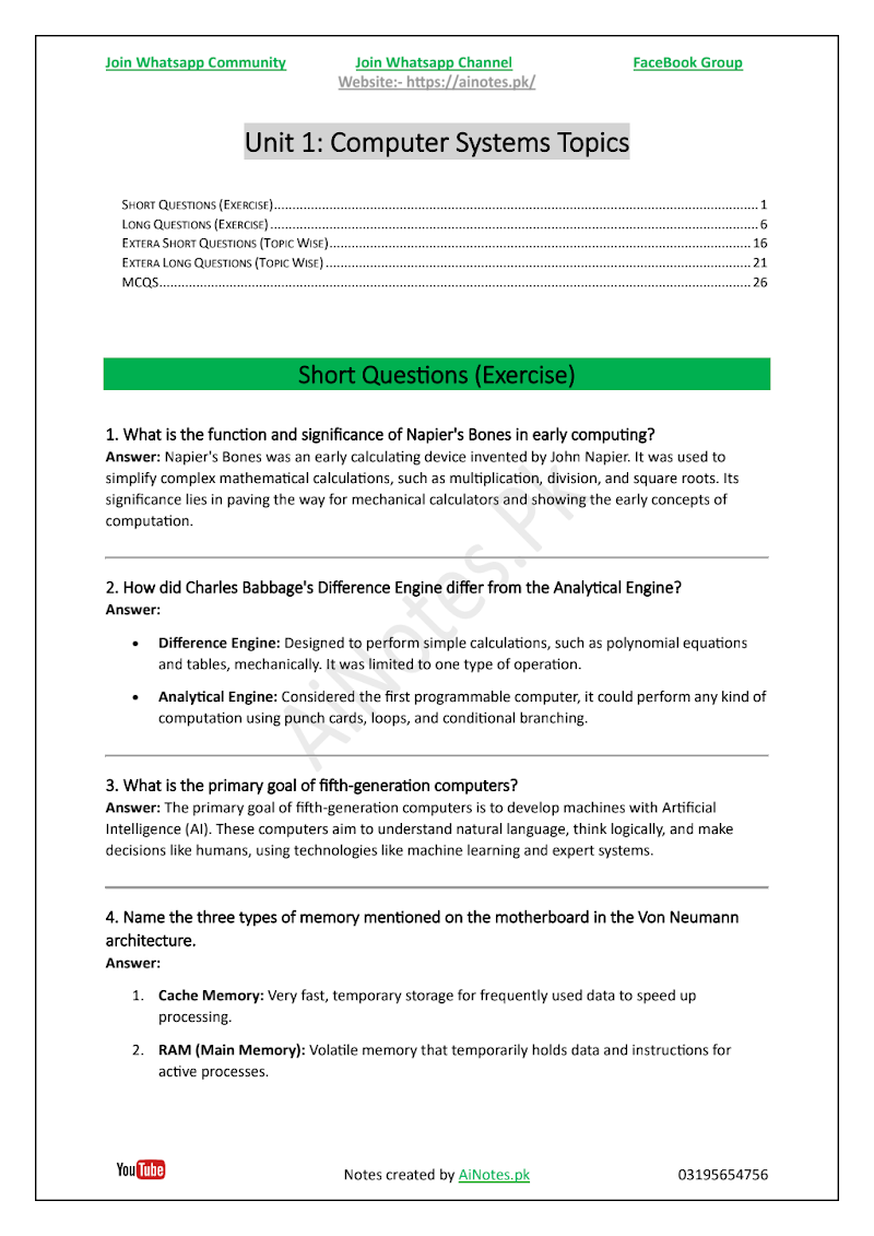 FBISE Class 9 Chapter 1  Computer Systems Topics