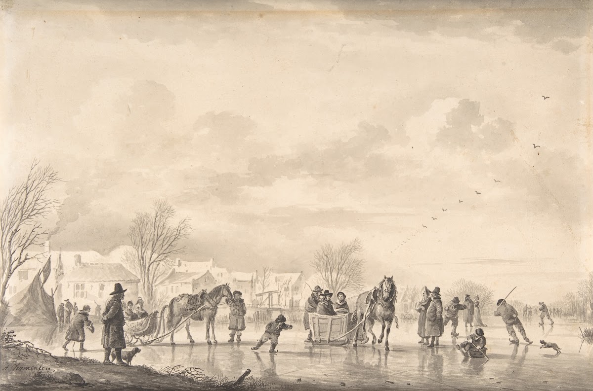 Winter Landscape with Skaters and Horse Drawn Sledges on the Ice a Village Below