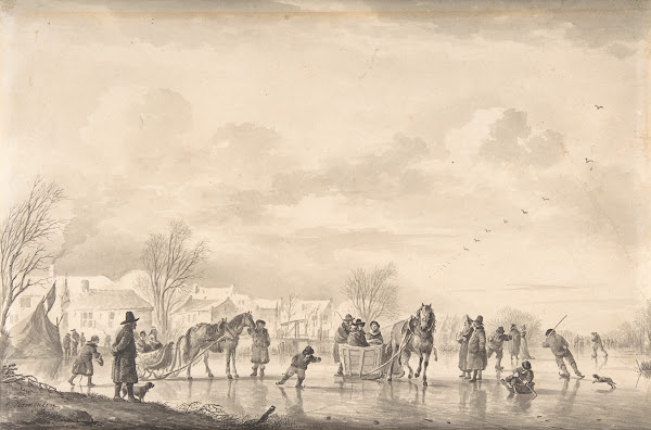 Winter Landscape with Skaters and Horse Drawn Sledges on the Ice a Village Below