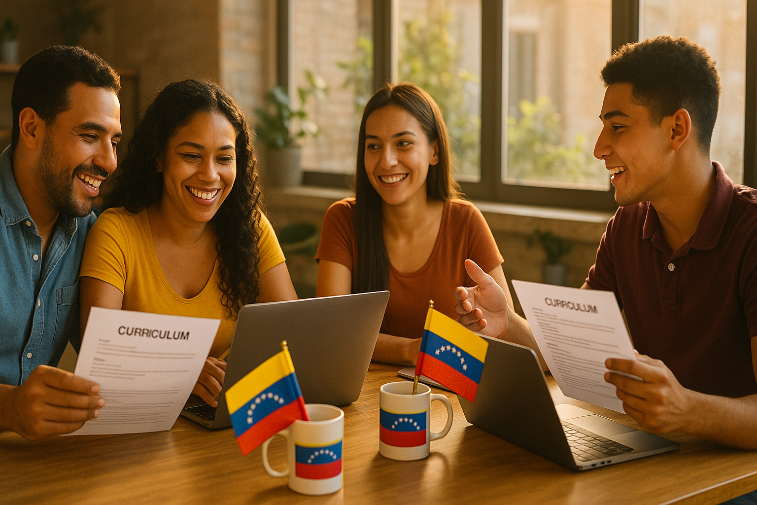 Venezolanos en un coworking colaborando y revisando CVs con laptops