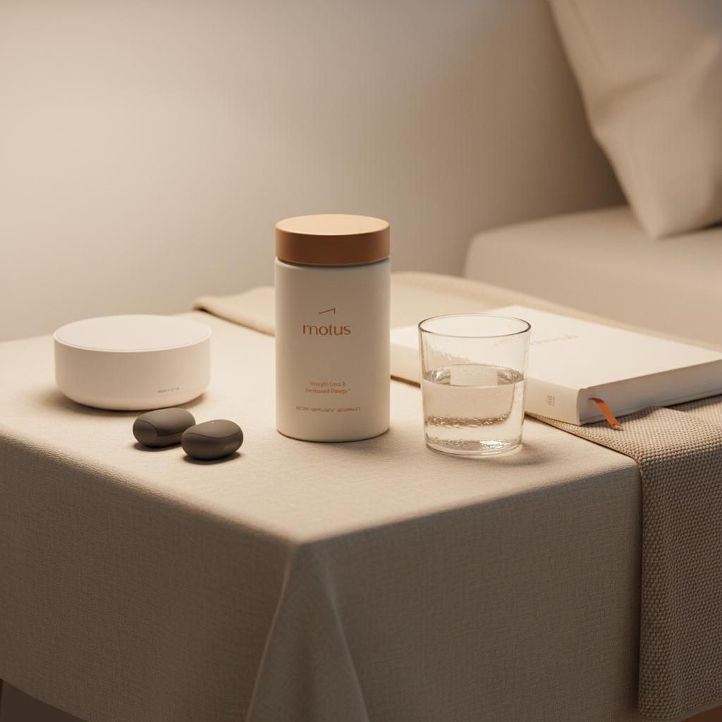 Minimal nightstand still-life with Tonum supplement container and sleep accessories in warm low-key light. Who should not take NAD?