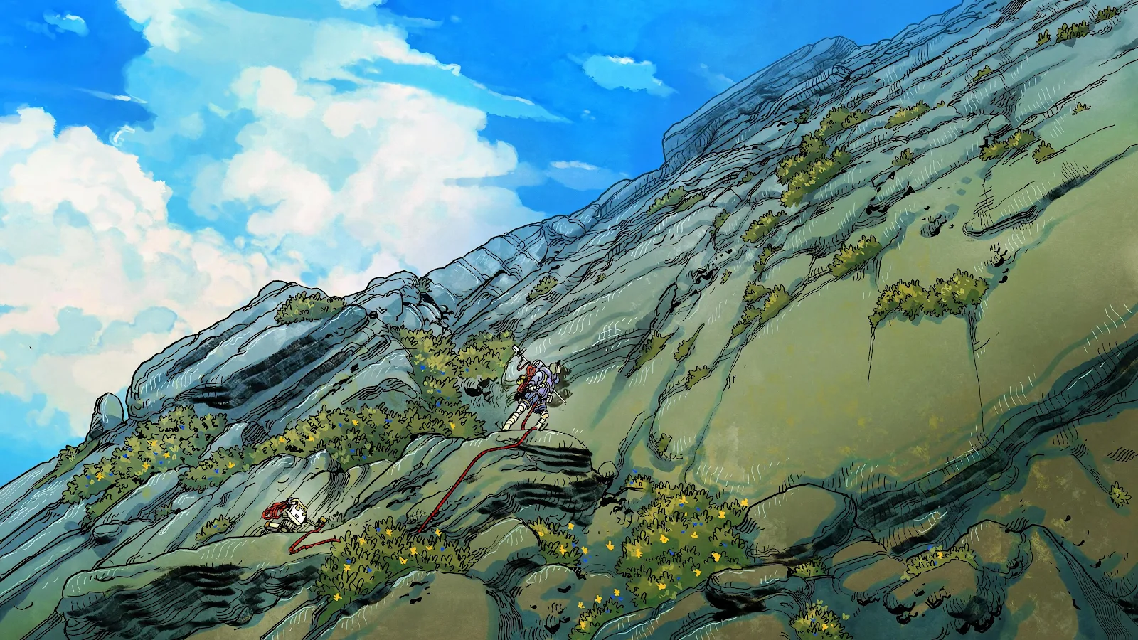 Adventurous Climbers On Rocky Mountain - Digital Illustration 4K Wallpaper (3840x2160)