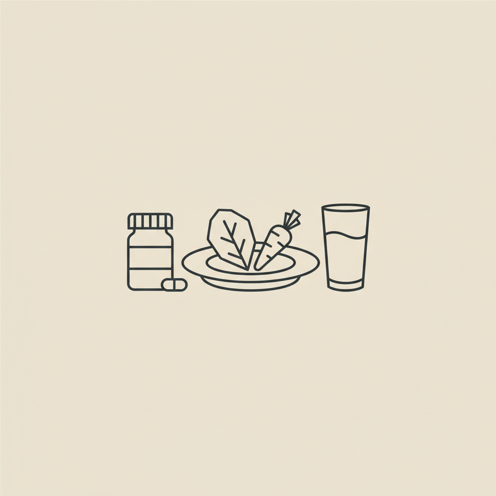 Minimal Tonum-style 2D vector line illustration of a plate with vegetables, a small pill bottle and a water glass on beige background — how to stop feeling hungry pills