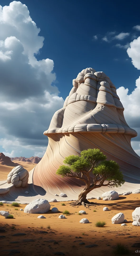Surreal Layered Sandstone Rock Formation Desert Landscape Tree