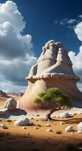 Surreal Layered Sandstone Rock Formation Desert Landscape Tree