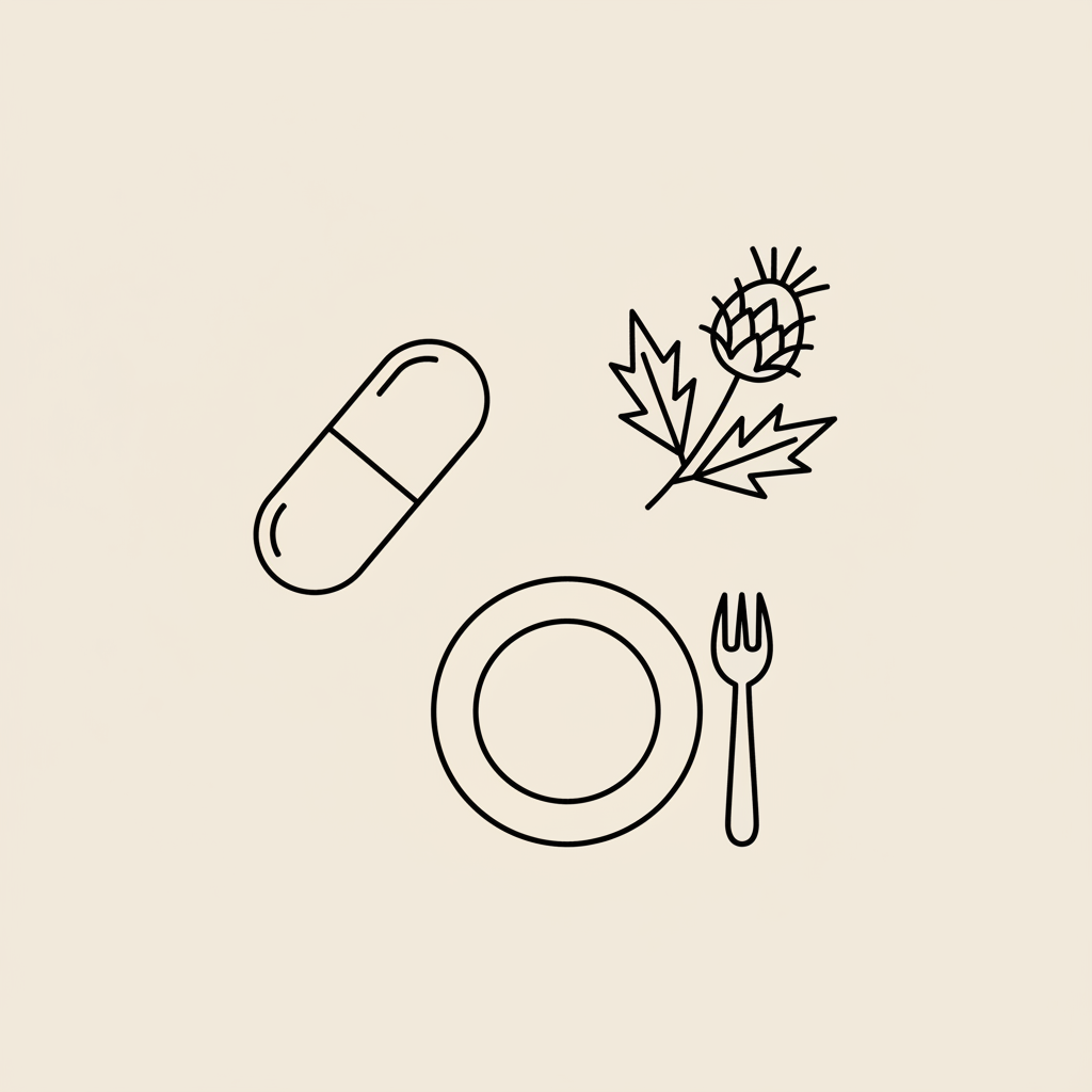 Minimal Tonum-style line illustration of a capsule, small plate with fork, and milk thistle sprig on beige background for nutrition coach articles
