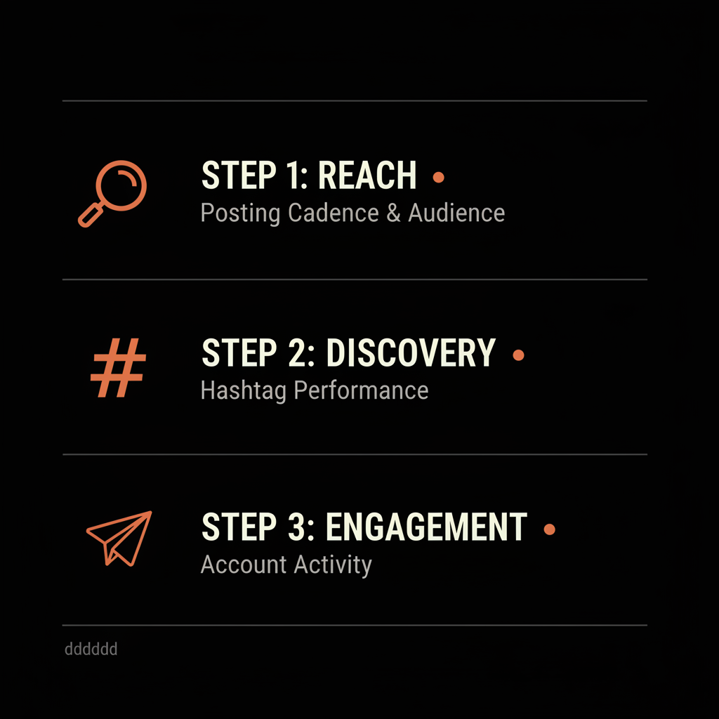 Minimal full-frame 3-step infographic with vector icons and brand colors showing a concise Instagram shadowban troubleshooting checklist to diagnose reach issues.