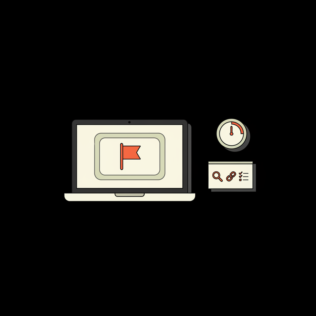 can Google delete a review - minimal 2D vector workspace: laptop showing a flagged review card, paper with evidence icons, and a clock timeline on a black background.