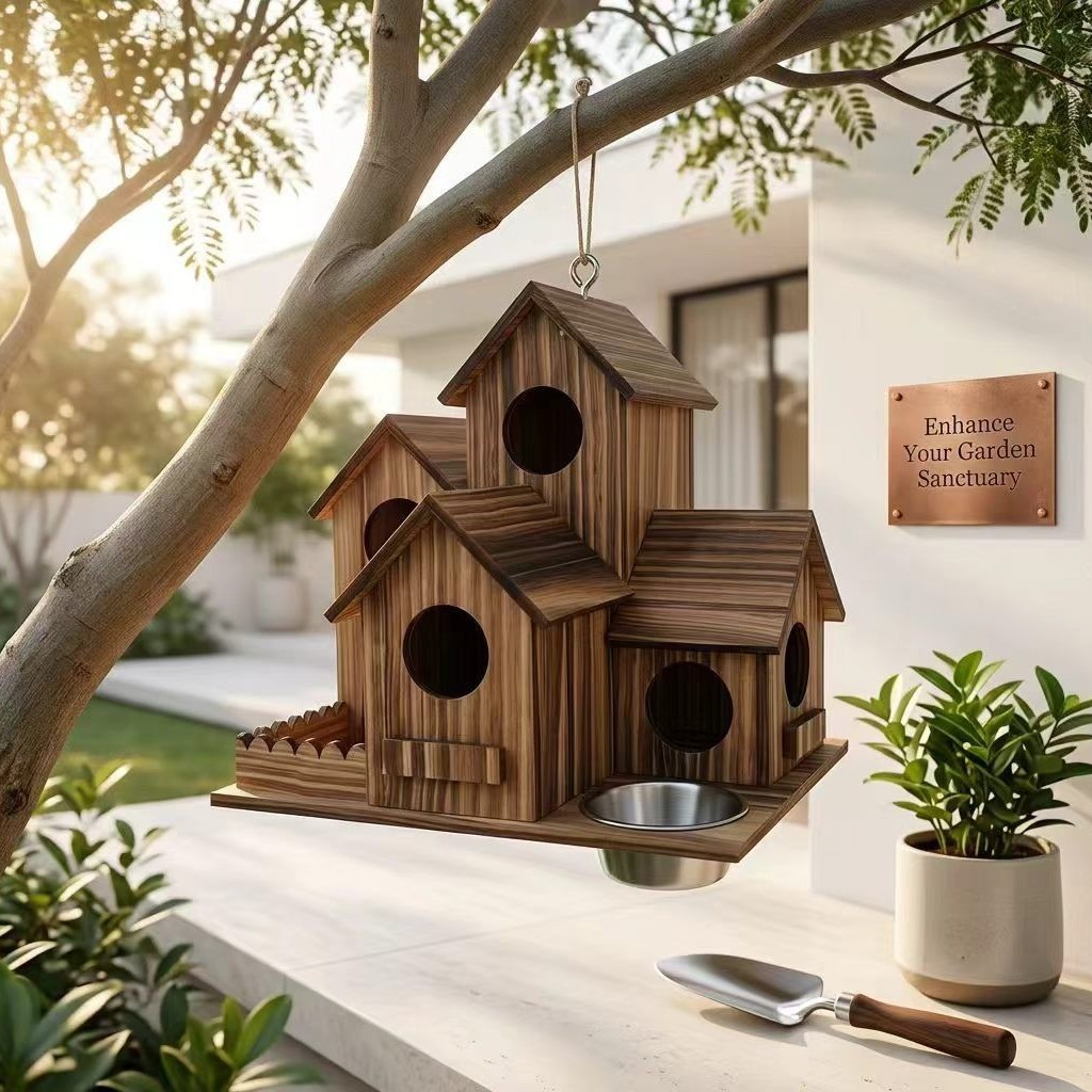 Kombiniertes Vogelhaus aus Kiefernholz mit Futter- und Wasserstelle