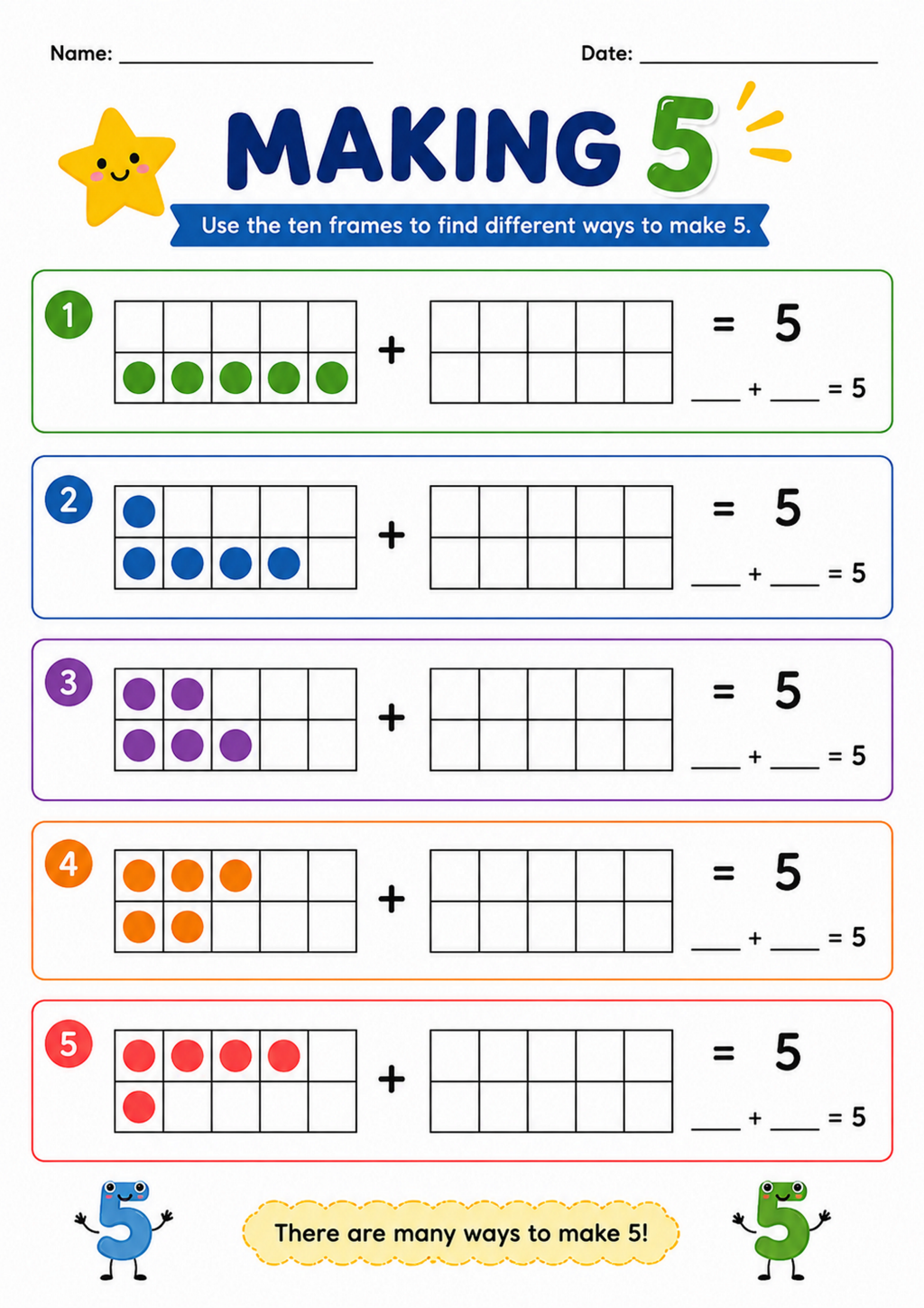 Make 5 with Ten Frames Worksheet