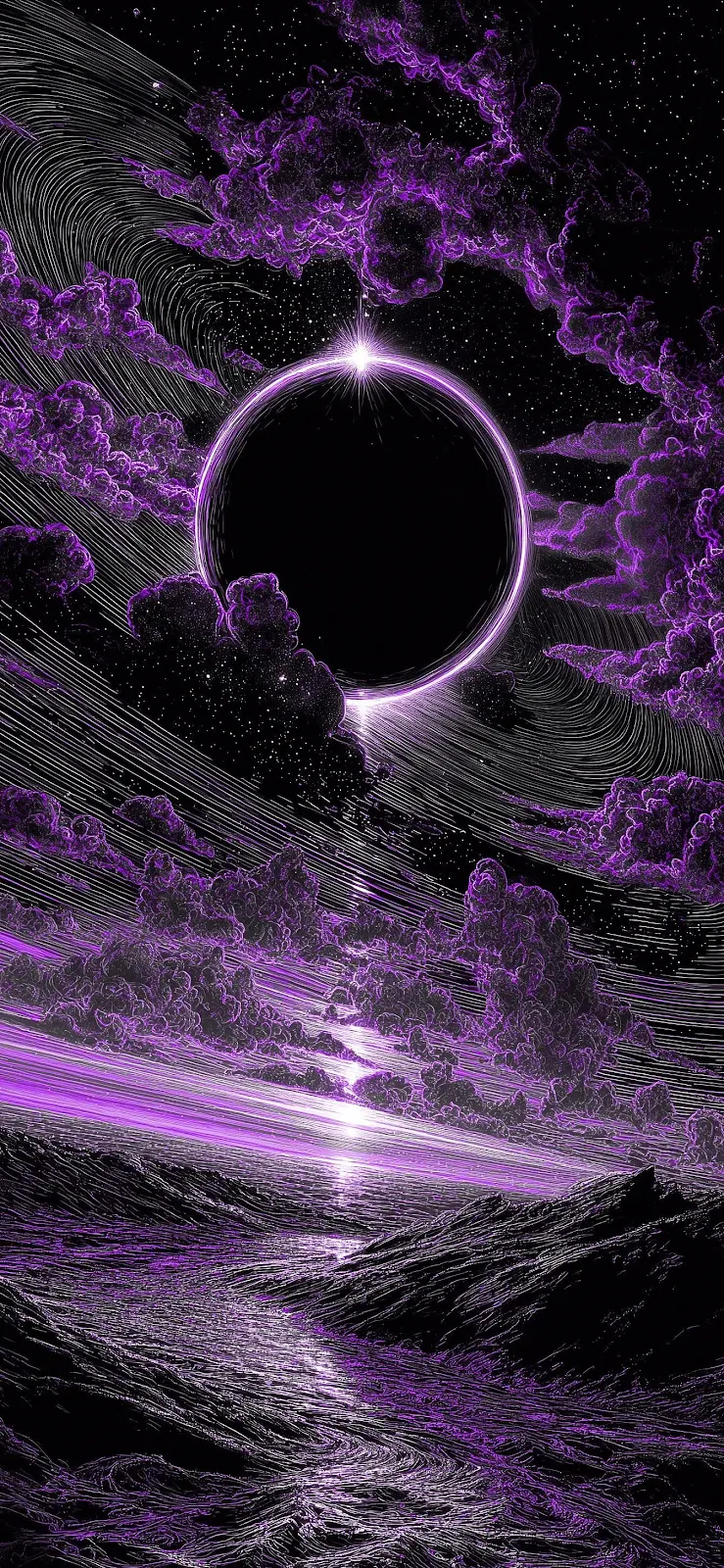 Glowing Purple Eclipse Landscape - Cosmic Illustration Full HD iPhone Wallpaper (1344x2911)