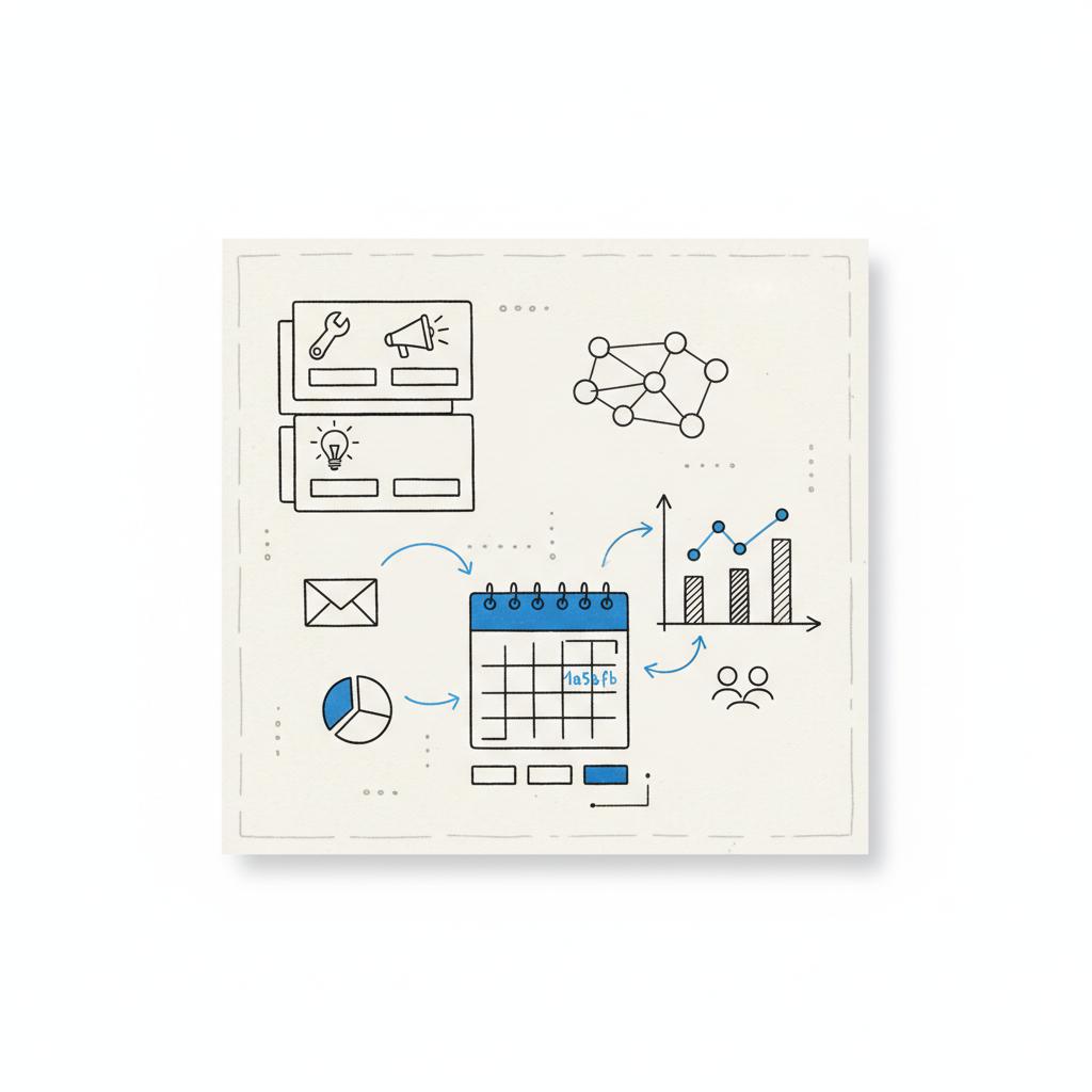 Minimal 2D vector notebook-style sketch of service pages, contact card, booking widget and analytics chart for website builders for service businesses