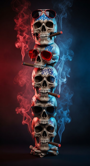 Stacked Artistic Skulls with Sunglasses and Cigars - Free mobile Wallpaper