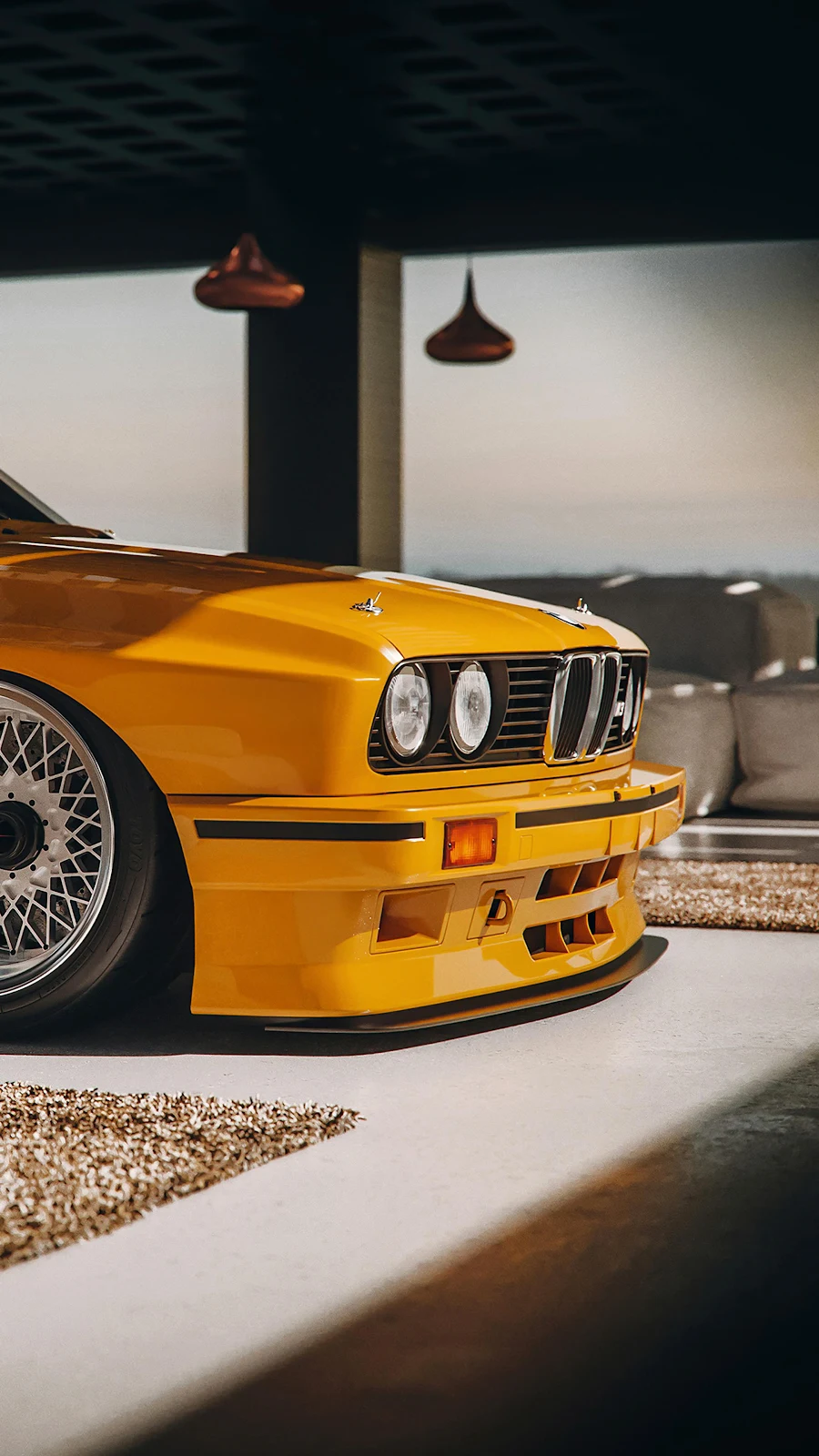 Yellow BMW E30 M3 Showroom - Automotive Photography 4K iPhone Wallpaper (2160x3840)