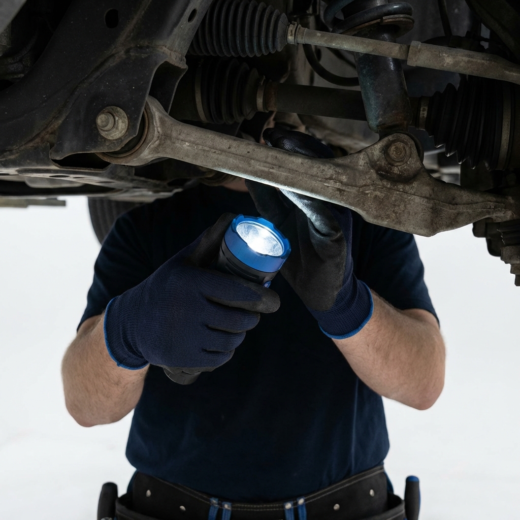 Close up of mechanic inspecting Chevy Tahoe underbody suspension with flashlight illuminating a control arm chevy tahoe for sale