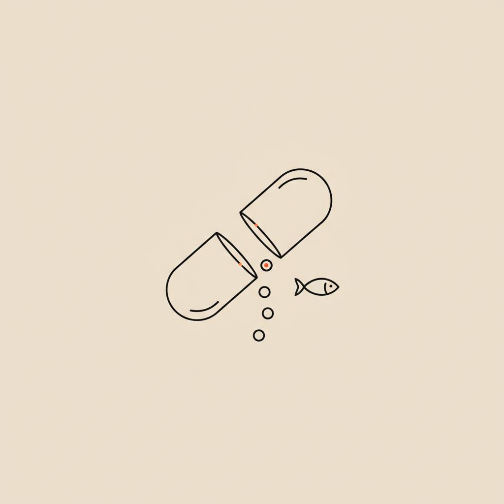 Minimal Tonum-style 2D vector of an open capsule releasing beads beside a simple fish outline on beige background #F2E5D5, thin black outlines, one orange accent, taurine