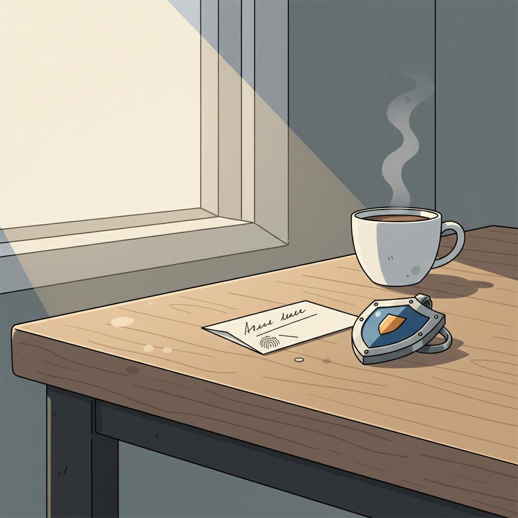 Detailaufnahme eines personalisierten Metall-Keepakes auf Holztisch neben handgeschriebener Karte und Tasse Kaffee in warmer Stimmung — Geld schenken wenn nicht eingeladen Hochzeit