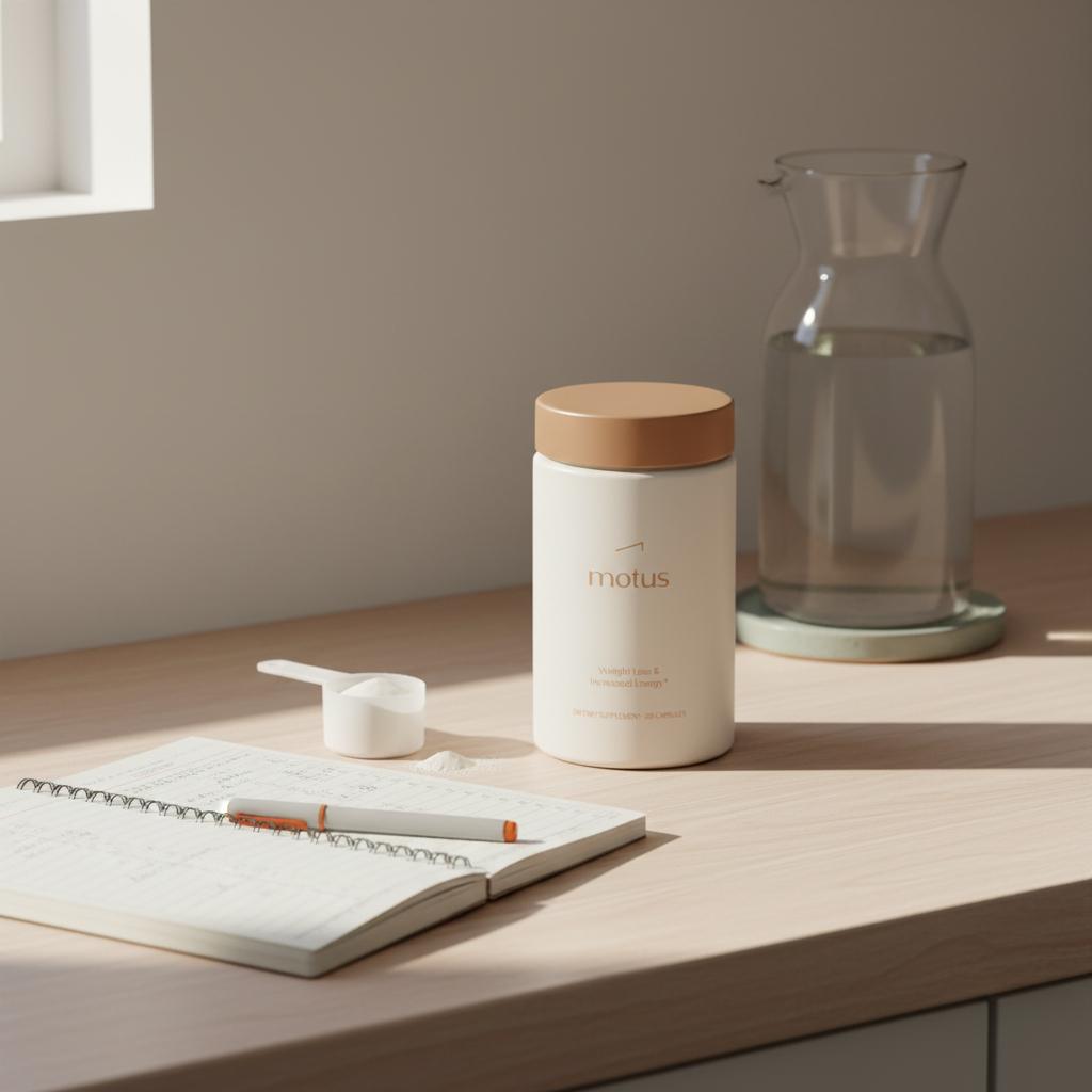 Motus supplement jar on kitchen counter with measured scoop, open training journal and glass carafe in soft morning light — best pre workout for fat loss