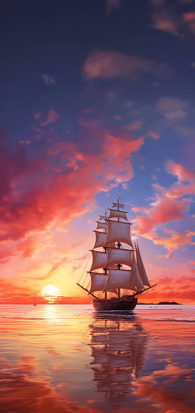 Sailing Ship at Golden Sunset - Digital Art 2K iPhone Wallpaper (1800x3801)