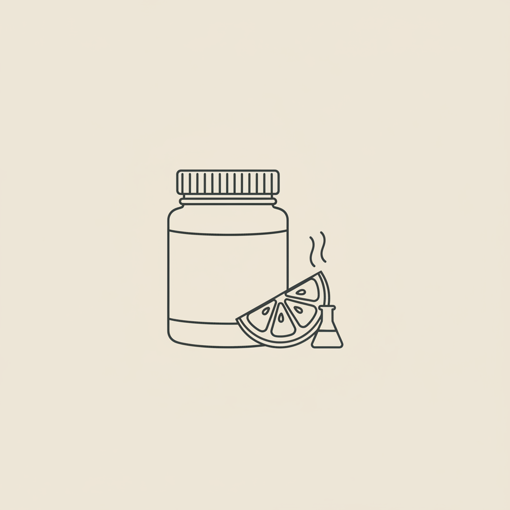 Minimalist 2D vector line illustration of a supplement jar, lemon wedge and tiny lab beaker on a beige background, evoking L-carnitine smell and scientific wellness.