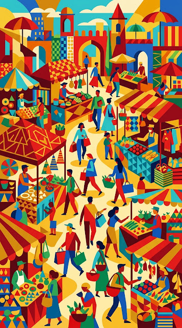Lively Abstract Illustration of a Bustling Marketplace - Free mobile Wallpaper