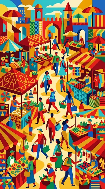 Lively Abstract Illustration of a Bustling Marketplace